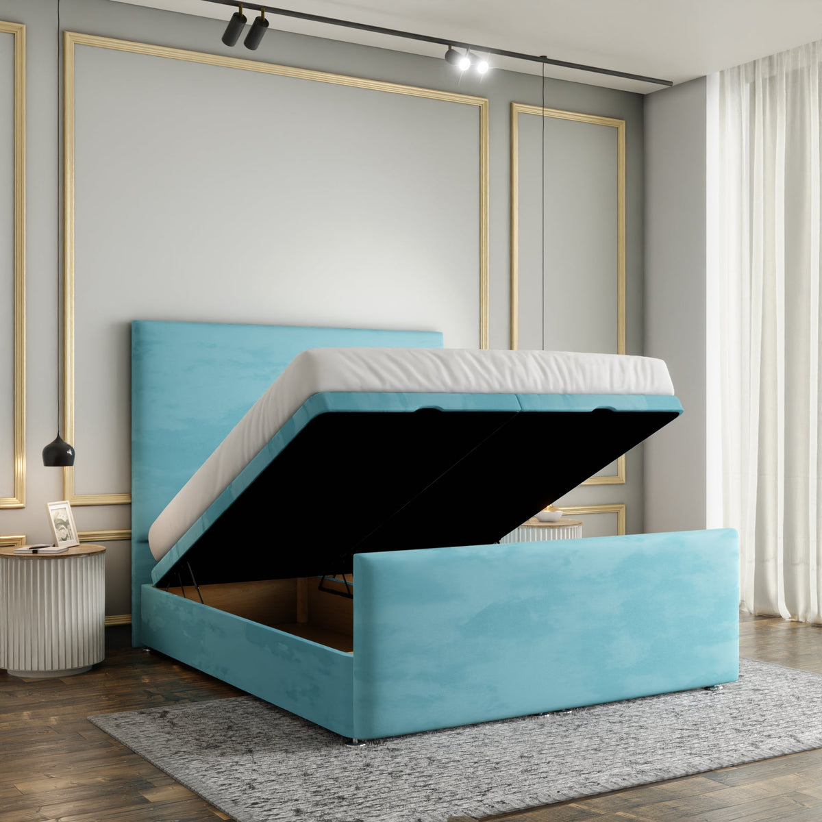 Maya Plain Ottoman Storage Divan Bed Set With Footboard - Ice Blue Plush