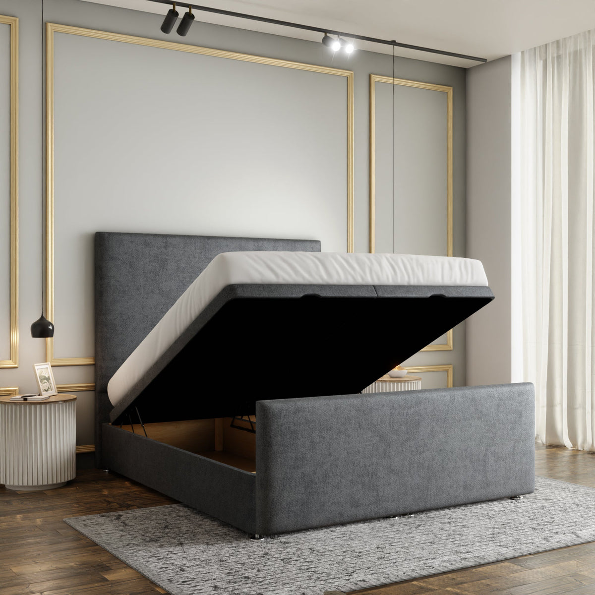 Maya Plain Ottoman Storage Divan Bed Set With Footboard - Grey Naples