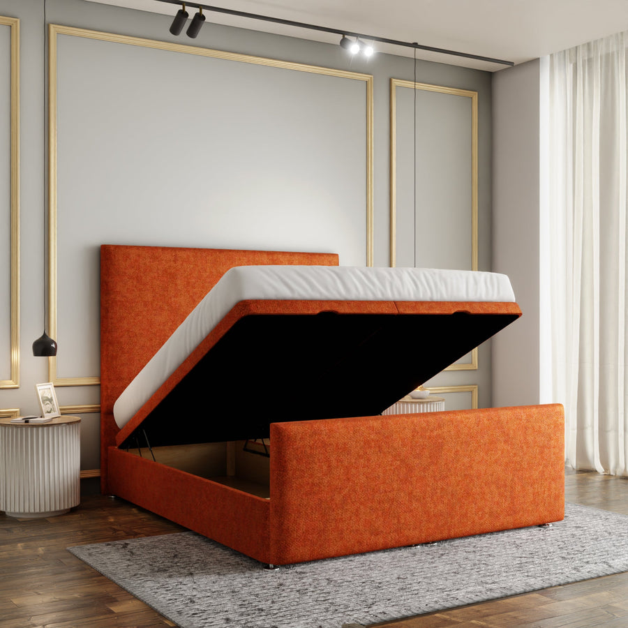 Maya Plain Ottoman Storage Divan Bed Set With Footboard - Orange Naples