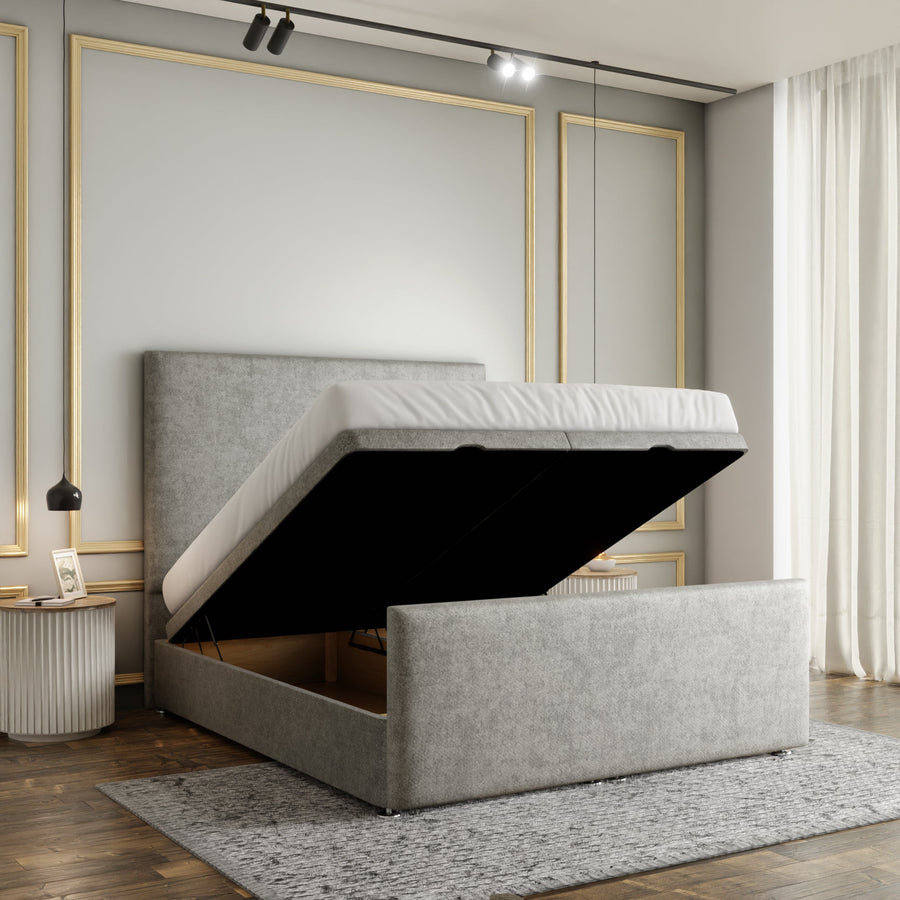 Maya Plain Ottoman Storage Divan Bed Set With Footboard - Silver Naples