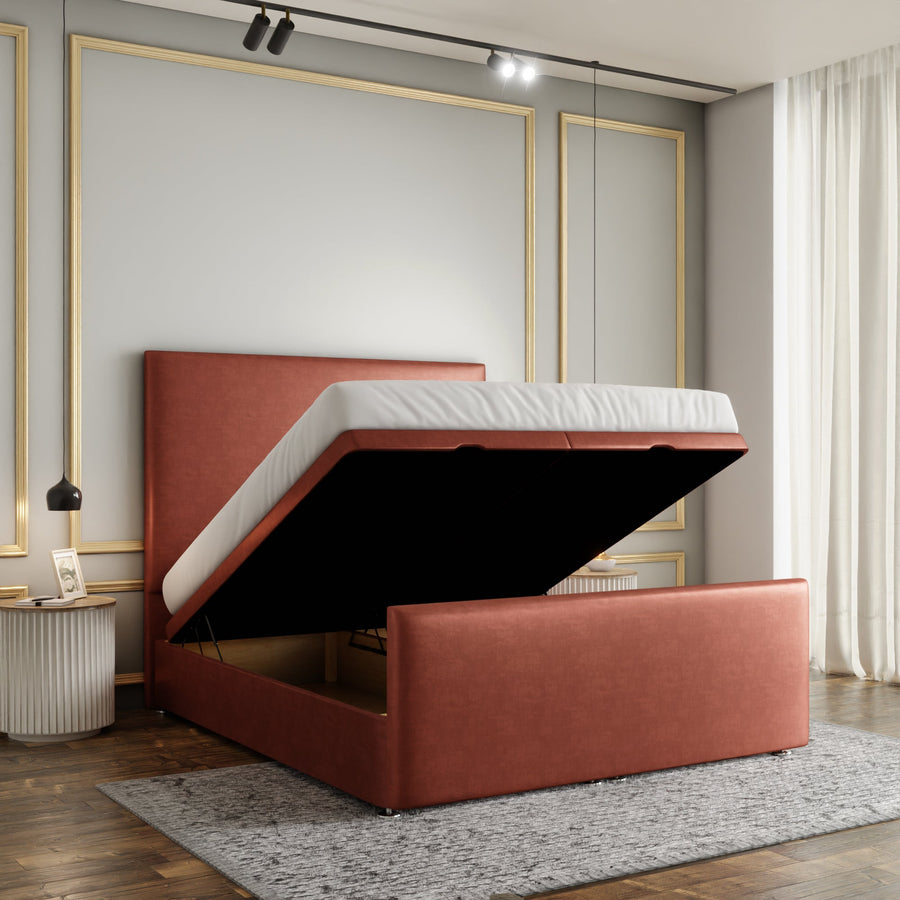 Maya Plain Ottoman Storage Divan Bed Set With Footboard - Claret Coniston