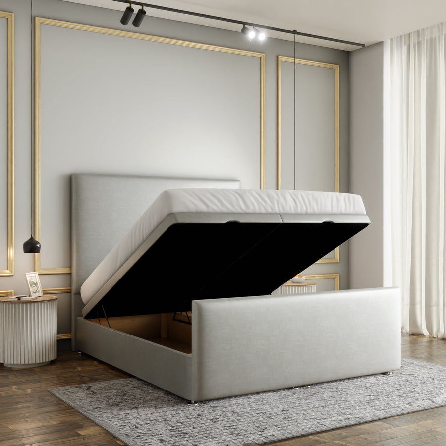 Maya Plain Ottoman Storage Divan Bed Set With Footboard - Silver Coniston
