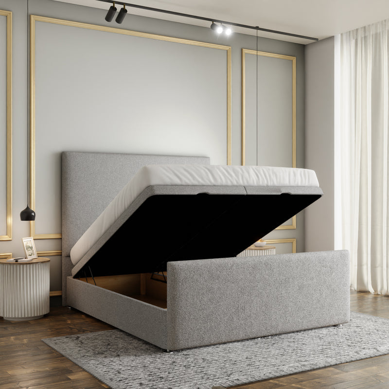 Maya Plain Ottoman Storage Divan Bed Set With Footboard - Silver Teddy