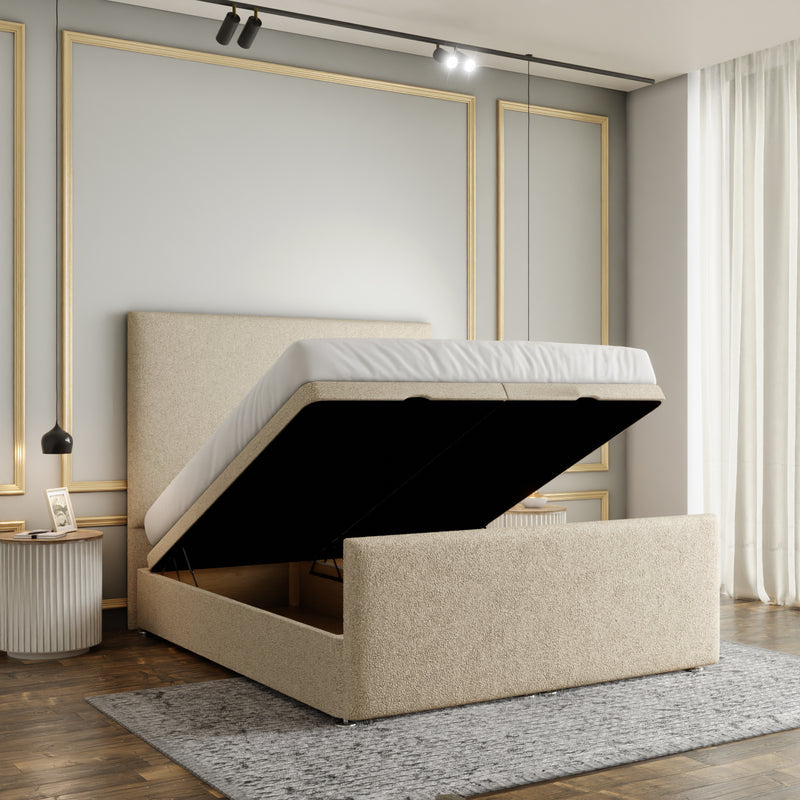 Maya Plain Ottoman Storage Divan Bed Set With Footboard - Cream Teddy