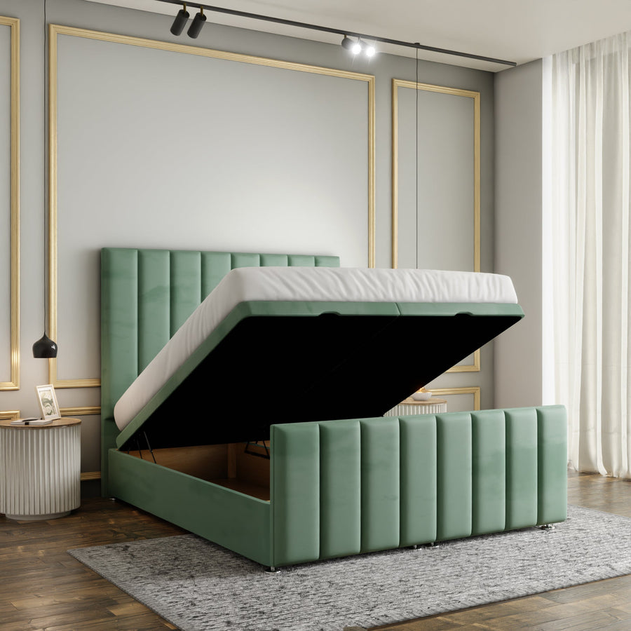 Amelia Lines Ottoman Storage Divan Bed Set With Footboard - Duck Egg Plush