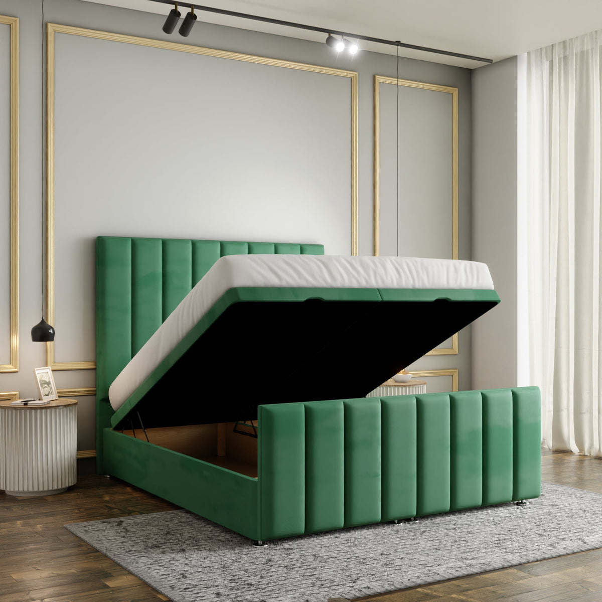 Amelia Lines Ottoman Storage Divan Bed Set With Footboard - Emerald Plush
