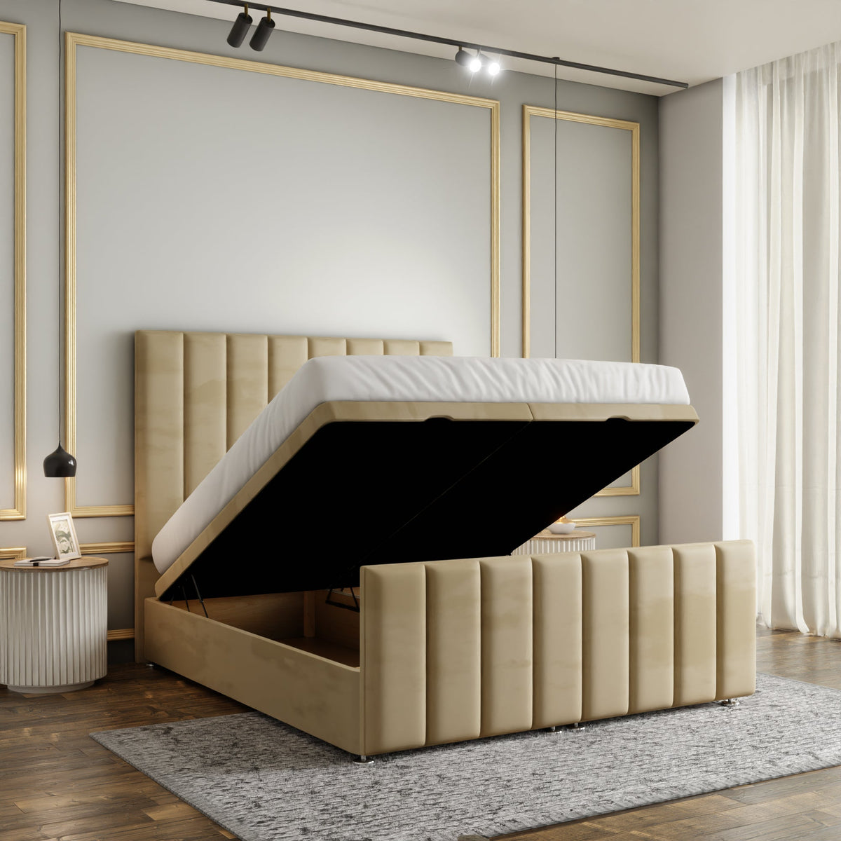 Amelia Lines Ottoman Storage Divan Bed Set With Footboard - Mink Plush