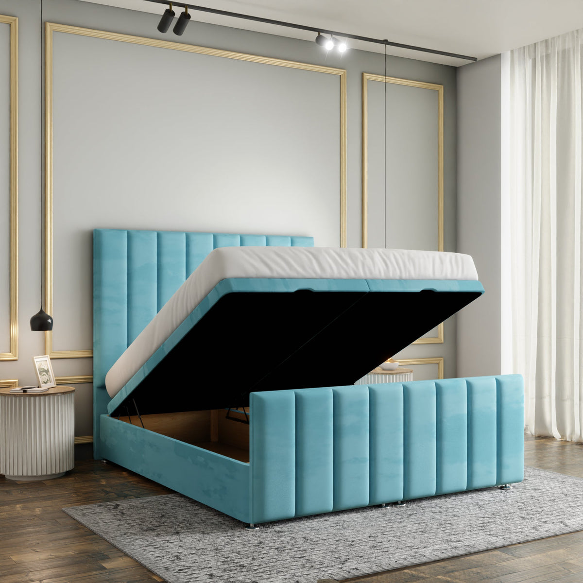 Amelia Lines Ottoman Storage Divan Bed Set With Footboard - Ice Blue Plush