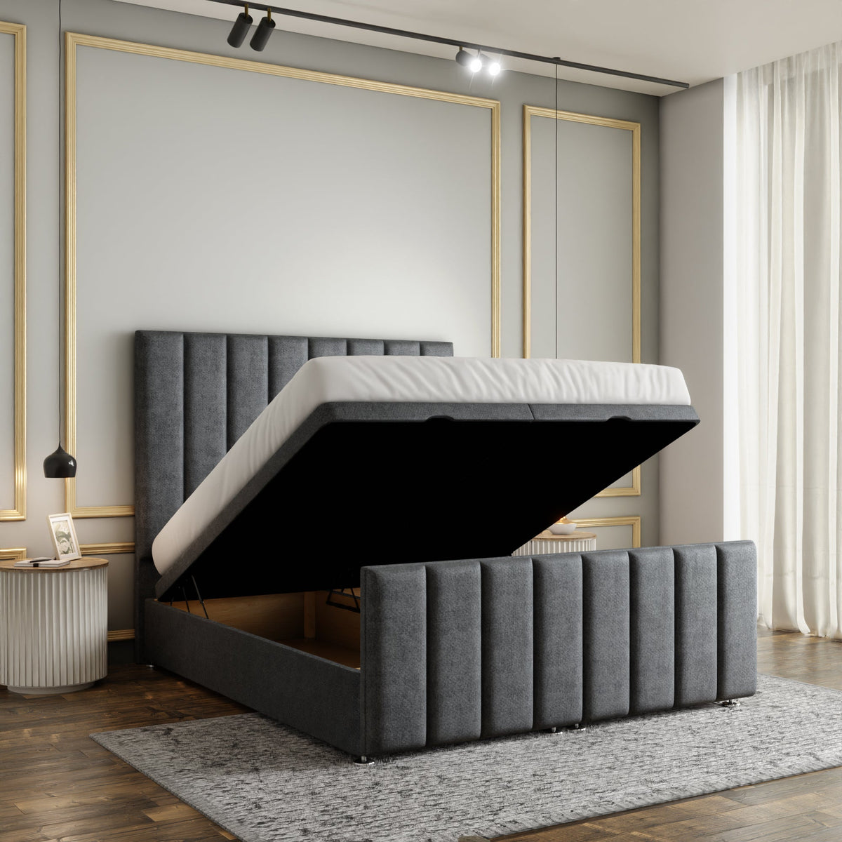 Amelia Lines Ottoman Storage Divan Bed Set With Footboard - Grey Naples