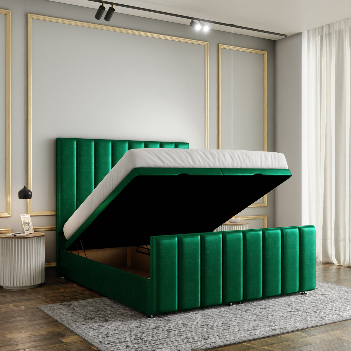 Amelia Lines Ottoman Storage Divan Bed Set With Footboard - Emerald Coniston