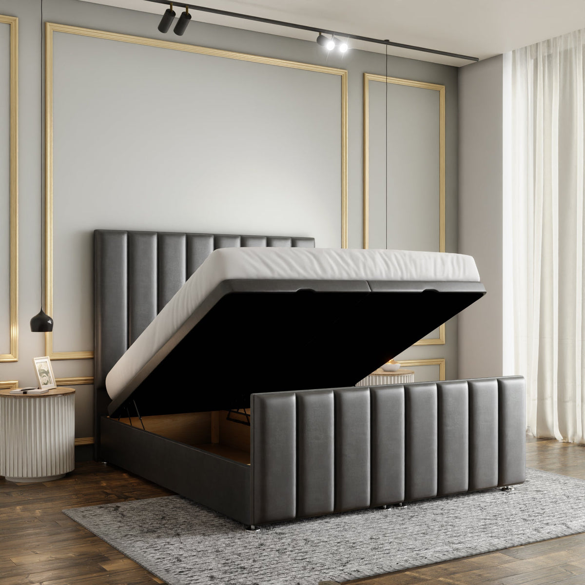 Amelia Lines Ottoman Storage Divan Bed Set With Footboard - Grey Coniston