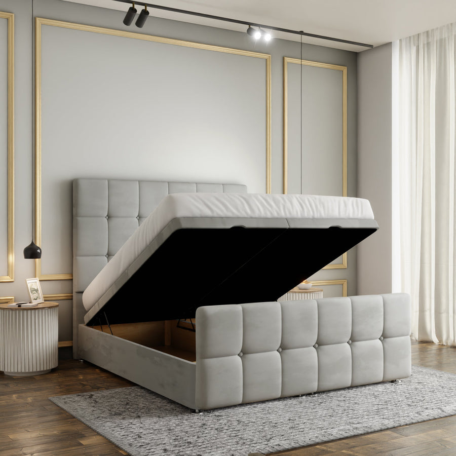 Ayra Cube Ottoman Storage Divan Bed Set With Footboard - Silver Plush