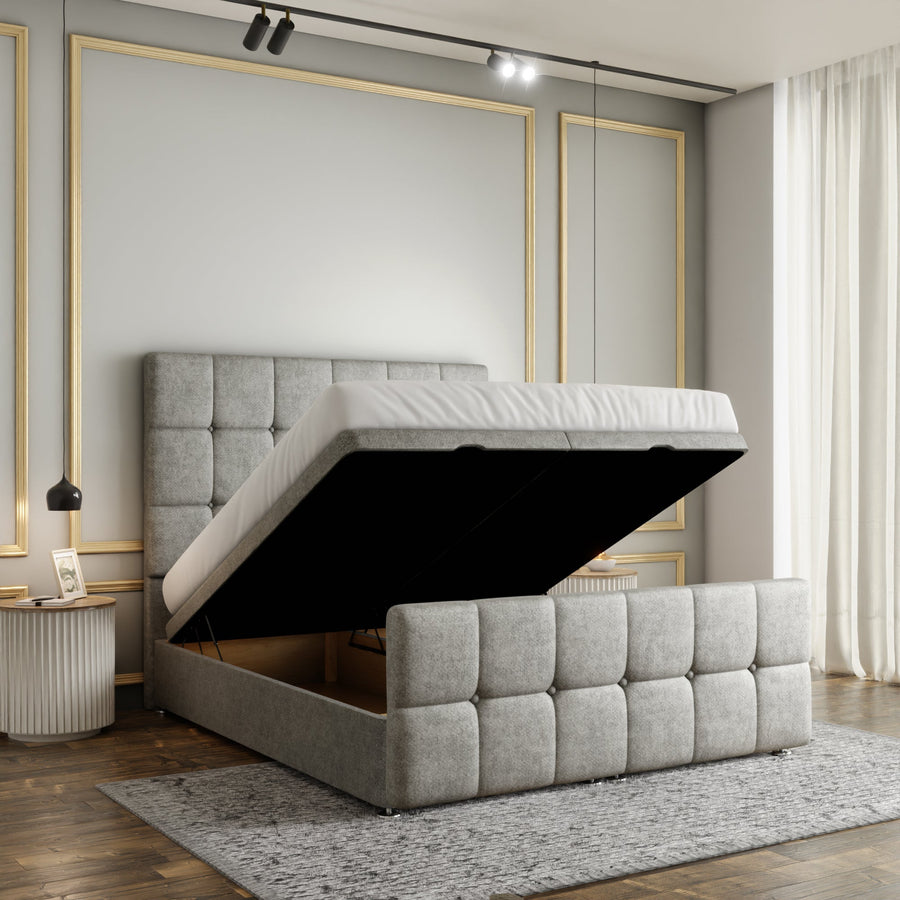 Ayra Cube Ottoman Storage Divan Bed Set With Footboard - Silver Naples