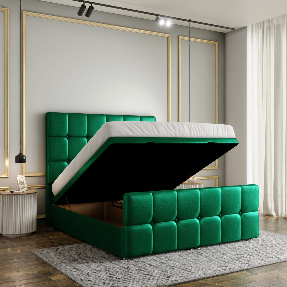 Ayra Cube Ottoman Storage Divan Bed Set With Footboard - Emerald Coniston