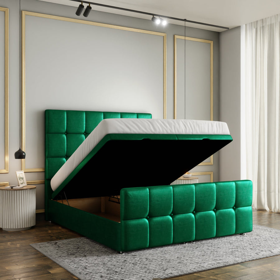 Ayra Cube Ottoman Storage Divan Bed Set With Footboard - Emerald Coniston