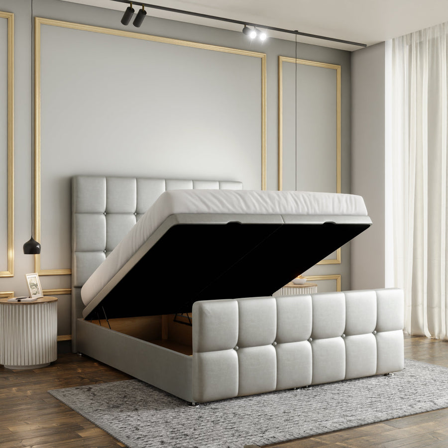 Ayra Cube Ottoman Storage Divan Bed Set With Footboard - Silver Coniston