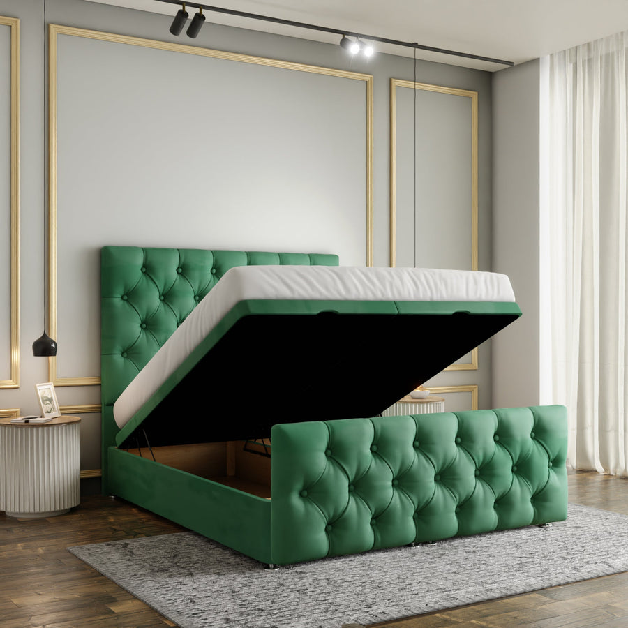 Lara Chesterfield Ottoman Storage Divan Bed Set With Footboard - Emerald Plush