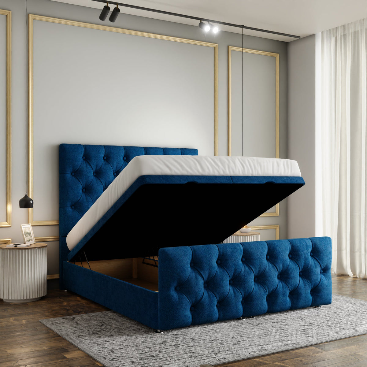 Lara Chesterfield Ottoman Storage Divan Bed Set With Footboard - Blue Naples