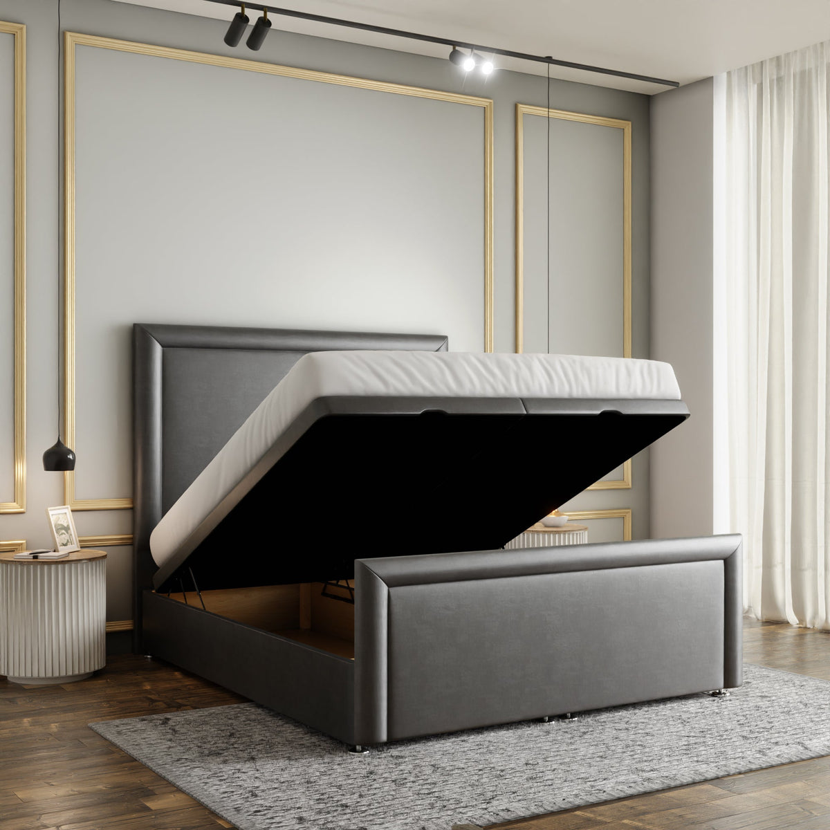 Ivy Bumper Border Ottoman Storage Divan Bed Set With Footboard - Grey Coniston