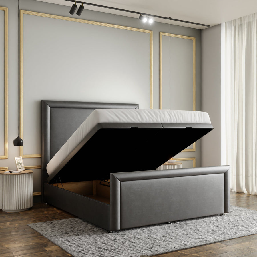 Ivy Bumper Border Ottoman Storage Divan Bed Set With Footboard - Grey Coniston