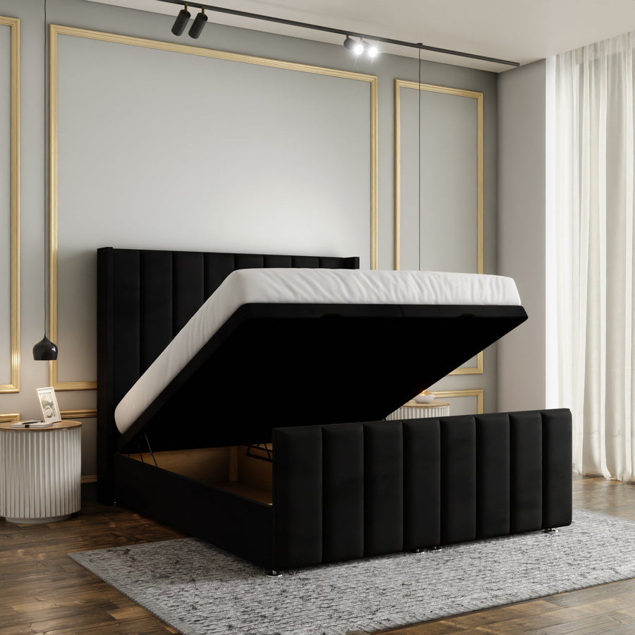 Amelia Lines Wingback Ottoman Storage Divan Bed Set With Footboard - Black Plush