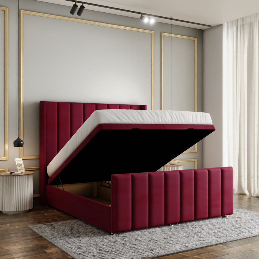 Amelia Lines Wingback Ottoman Storage Divan Bed Set With Footboard - Burgundy Plush