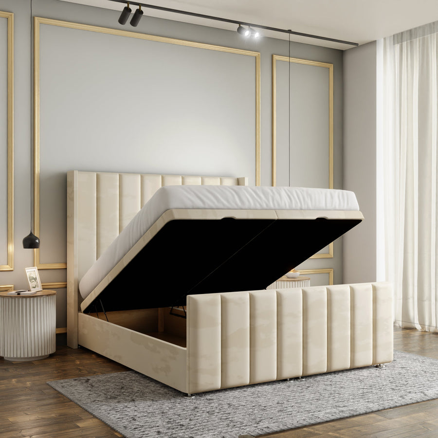 Amelia Lines Wingback Ottoman Storage Divan Bed Set With Footboard - Cream Plush
