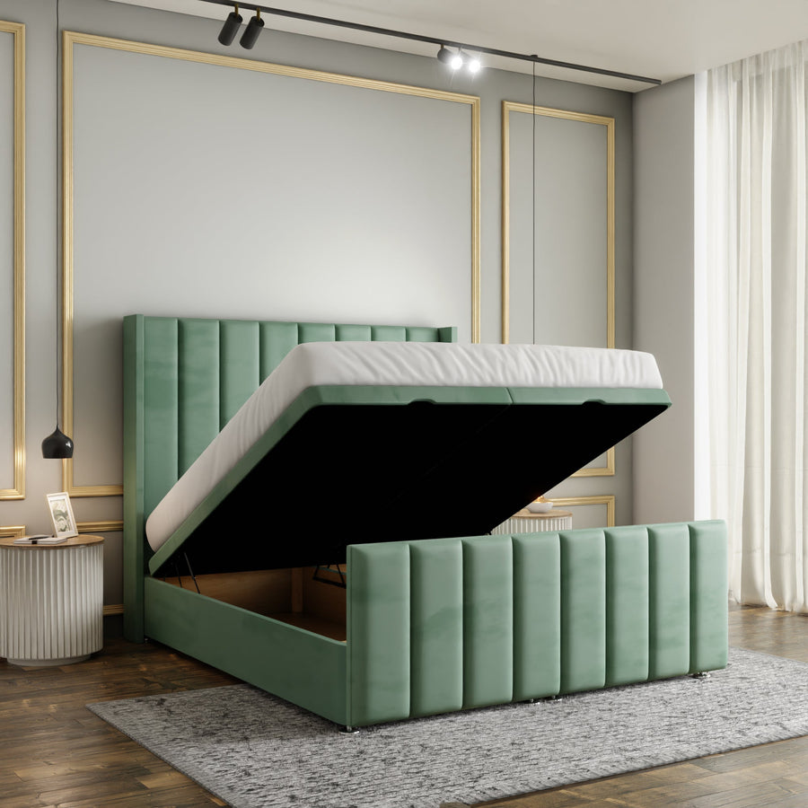 Amelia Lines Wingback Ottoman Storage Divan Bed Set With Footboard - Duck Egg Plush