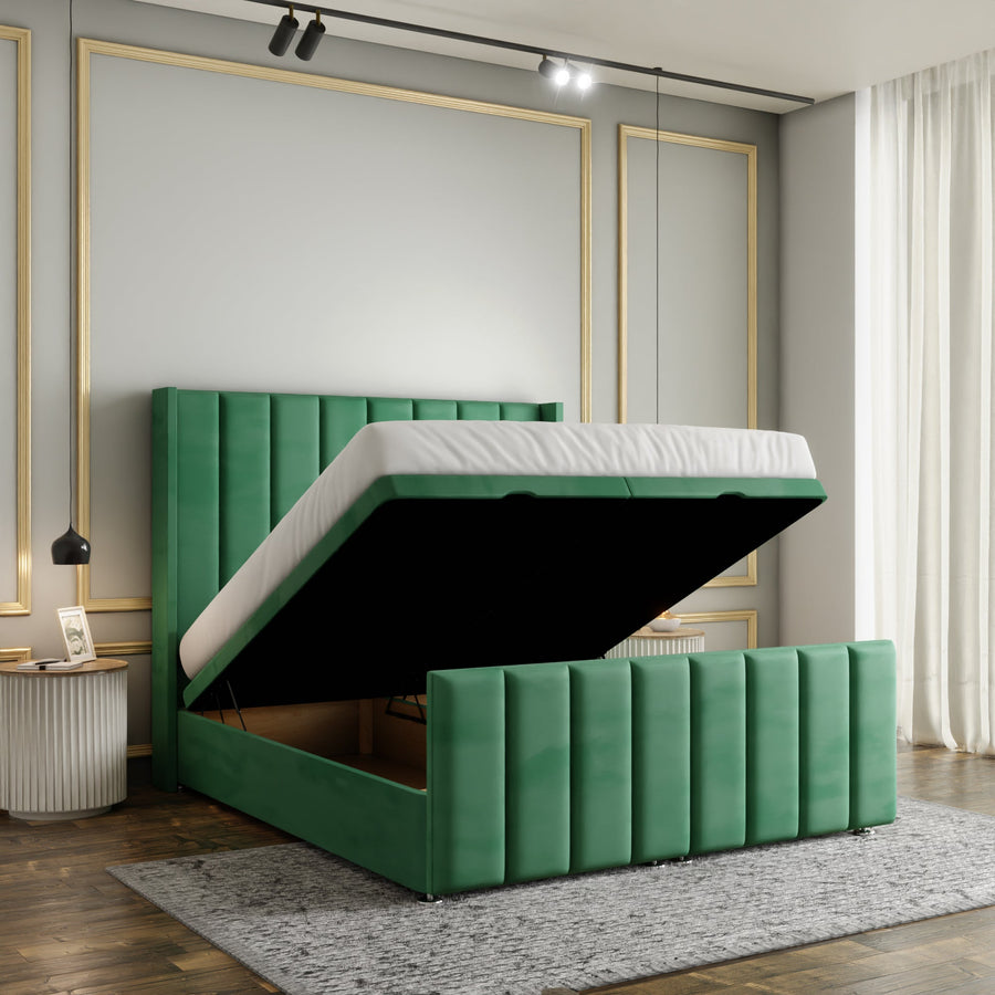Amelia Lines Wingback Ottoman Storage Divan Bed Set With Footboard - Emerald Plush