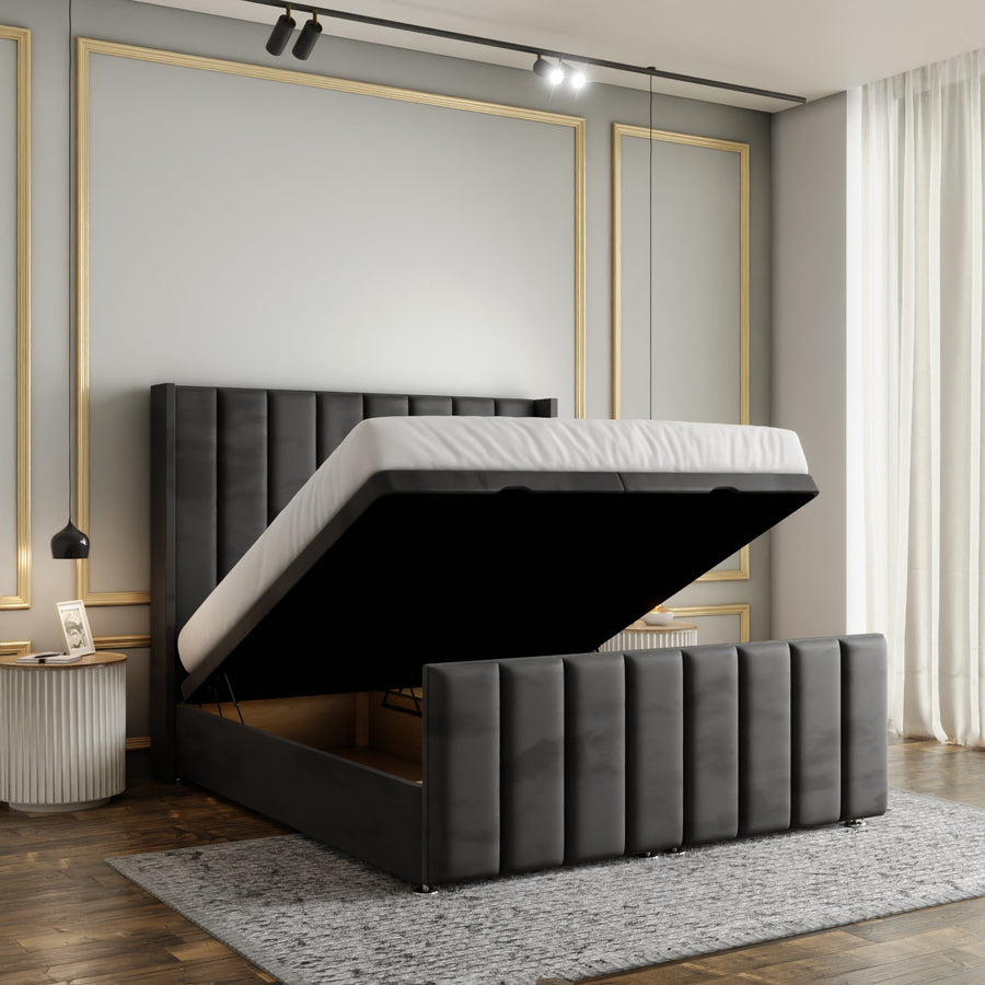 Amelia Lines Wingback Ottoman Storage Divan Bed Set With Footboard - Steel Grey Plush