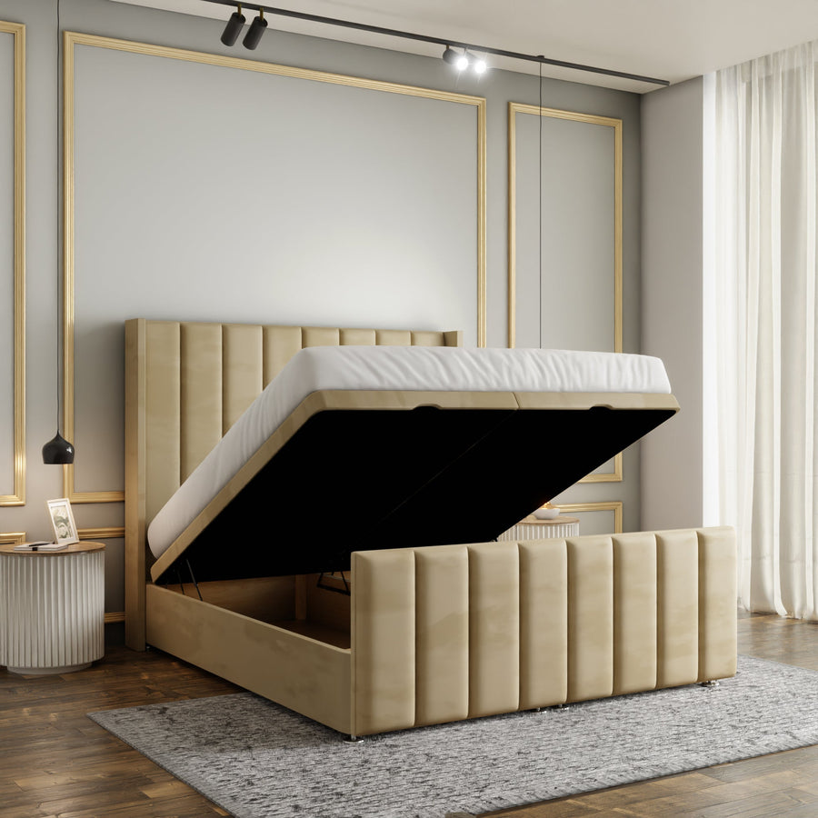 Amelia Lines Wingback Ottoman Storage Divan Bed Set With Footboard - Mink Plush