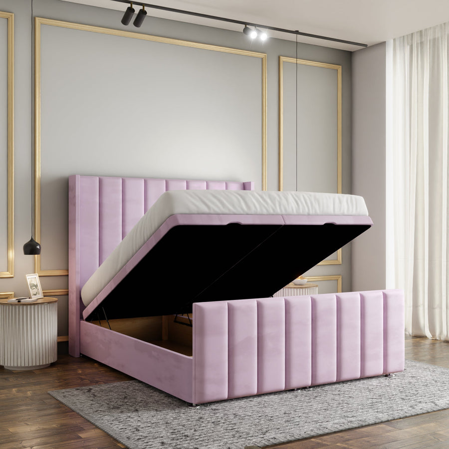 Amelia Lines Wingback Ottoman Storage Divan Bed Set With Footboard - Baby Pink Plush