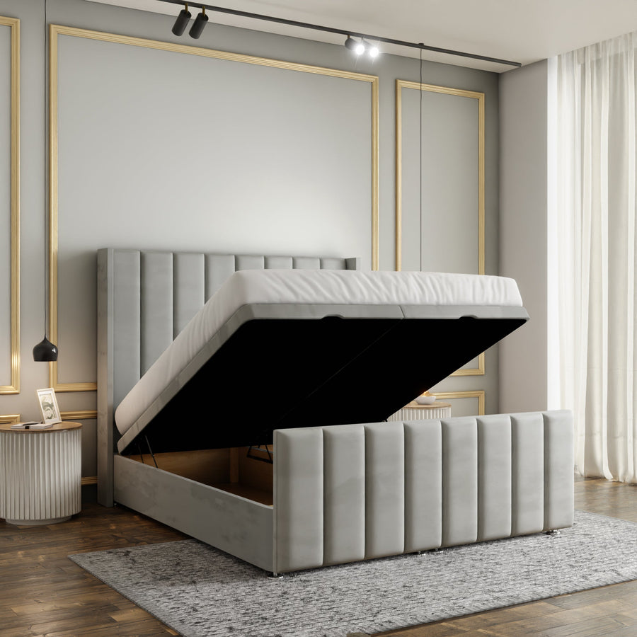 Amelia Lines Wingback Ottoman Storage Divan Bed Set With Footboard - Silver Plush