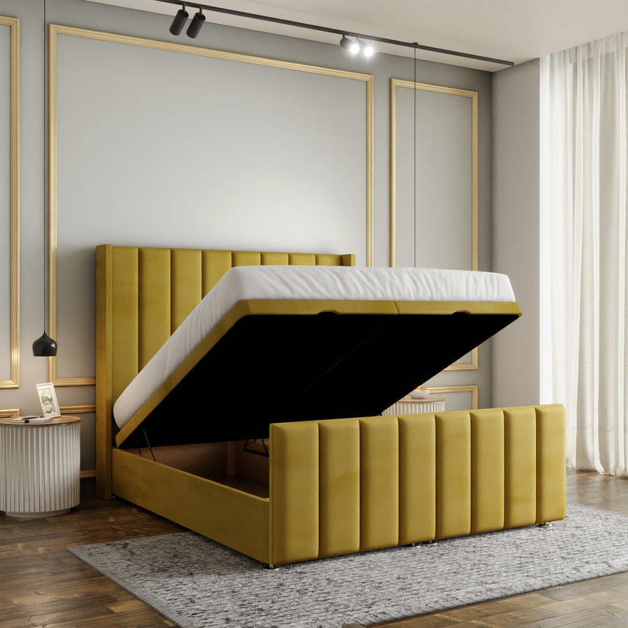 Amelia Lines Wingback Ottoman Storage Divan Bed Set With Footboard - Turmeric Plush