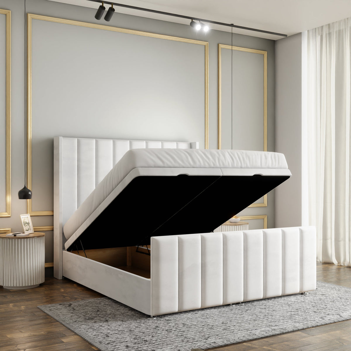Amelia Lines Wingback Ottoman Storage Divan Bed Set With Footboard - White Plush