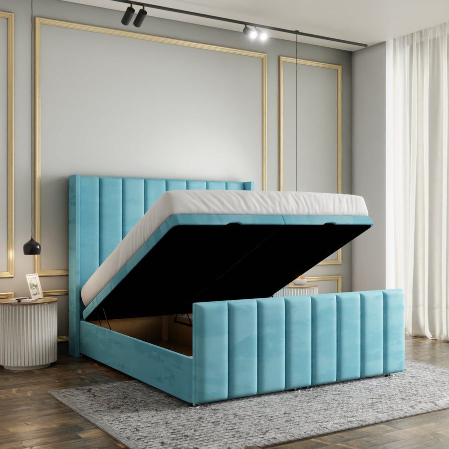 Amelia Lines Wingback Ottoman Storage Divan Bed Set With Footboard - Ice Blue Plush