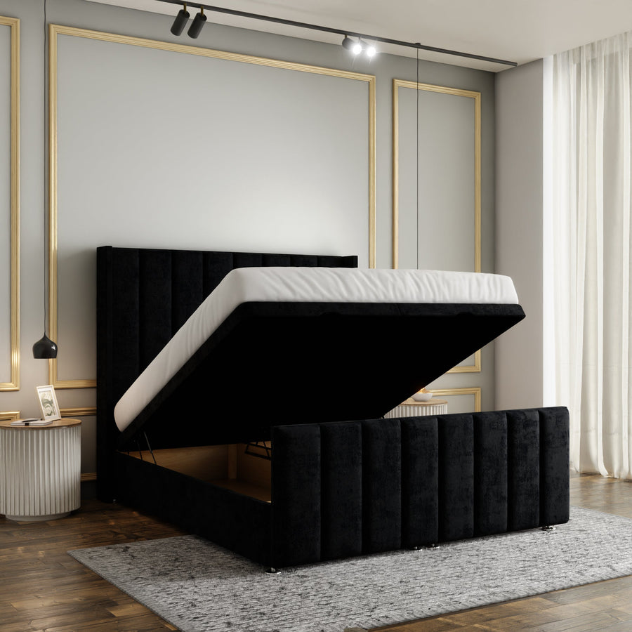 Amelia Lines Wingback Ottoman Storage Divan Bed Set With Footboard - Black Naples