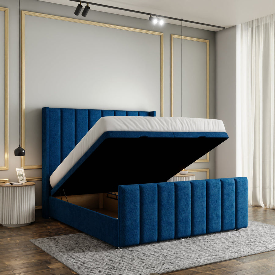 Amelia Lines Wingback Ottoman Storage Divan Bed Set With Footboard - Blue Naples
