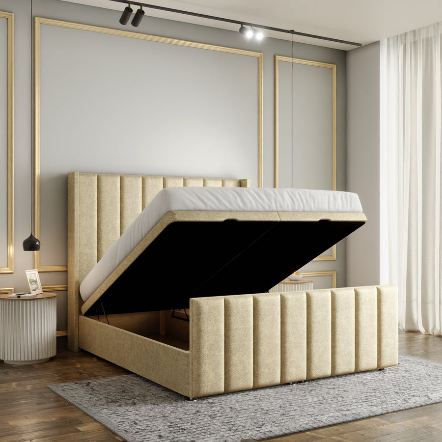 Amelia Lines Wingback Ottoman Storage Divan Bed Set With Footboard - Cream Naples