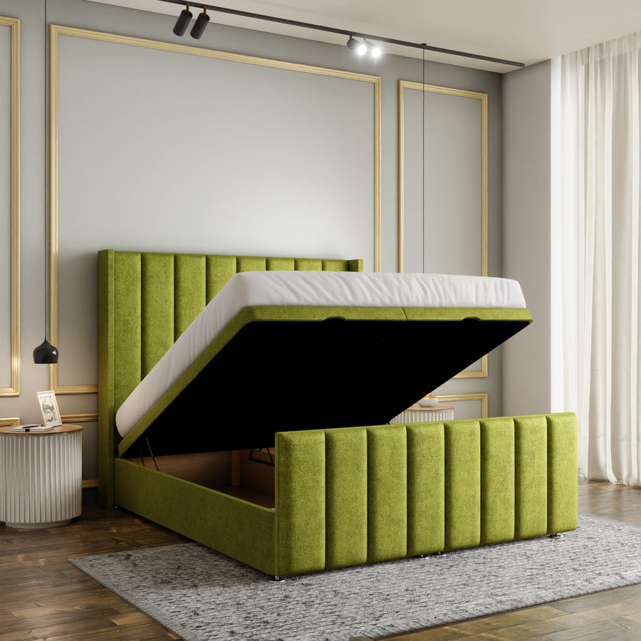 Amelia Lines Wingback Ottoman Storage Divan Bed Set With Footboard - Olive Green Naples