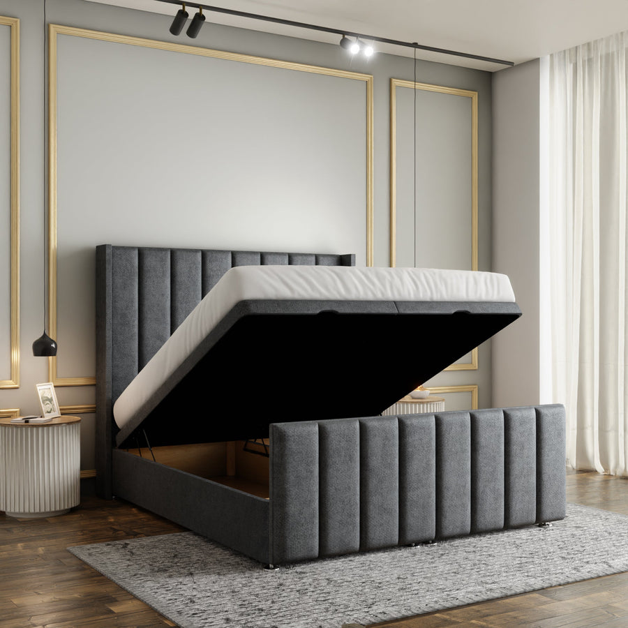 Amelia Lines Wingback Ottoman Storage Divan Bed Set With Footboard - Grey Naples
