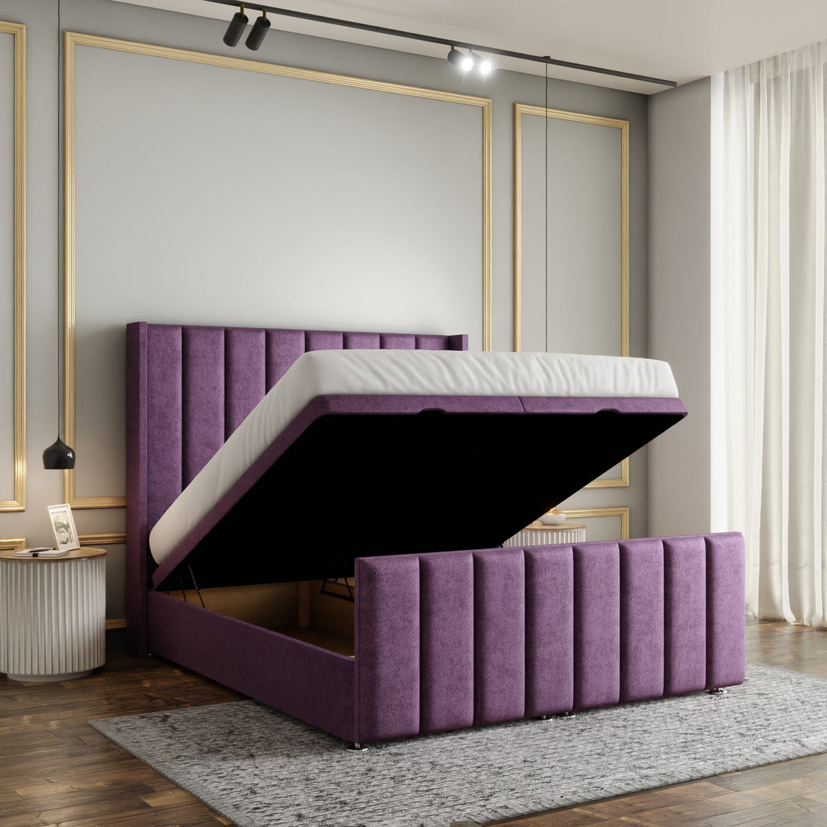 Amelia Lines Wingback Ottoman Storage Divan Bed Set With Footboard - Lilac Naples
