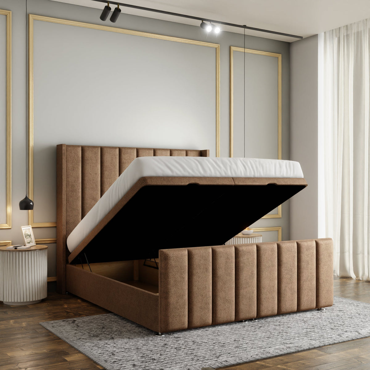 Amelia Lines Wingback Ottoman Storage Divan Bed Set With Footboard - Mink Beige Naples