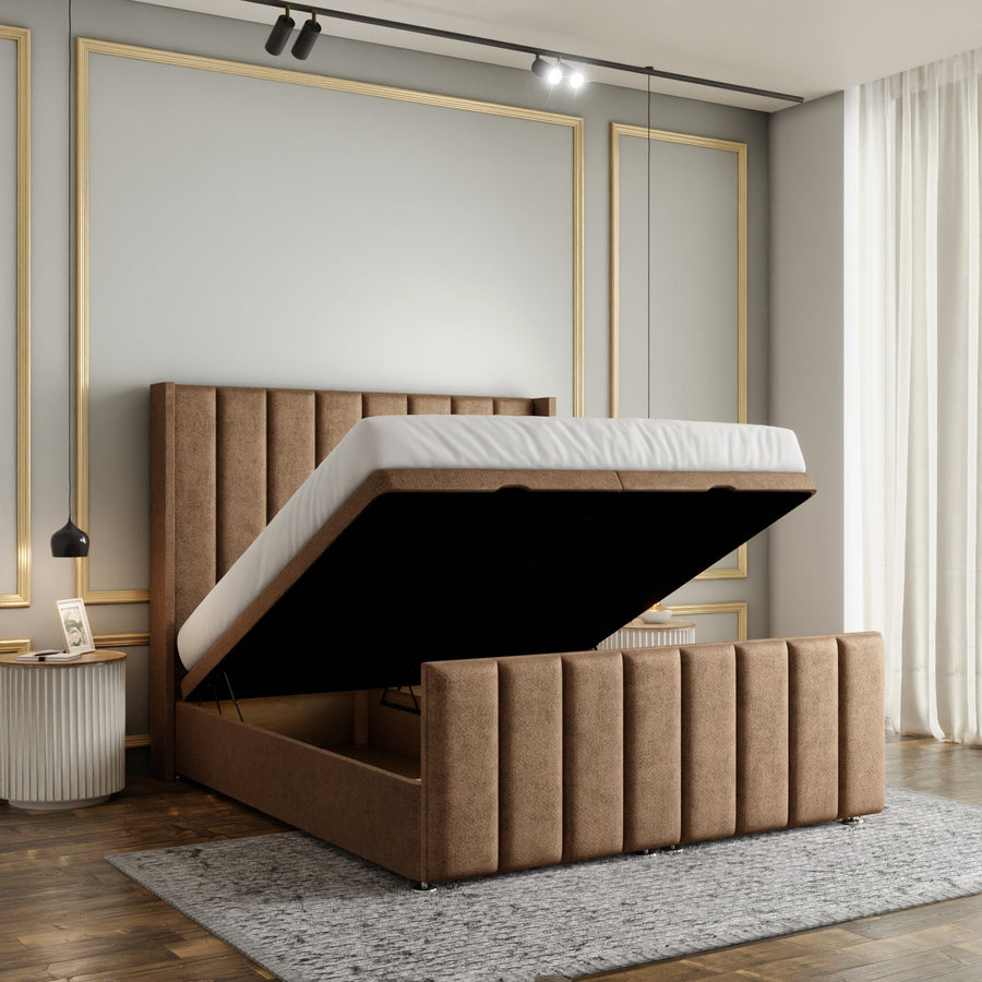 Amelia Lines Wingback Ottoman Storage Divan Bed Set With Footboard - Mink Beige Naples