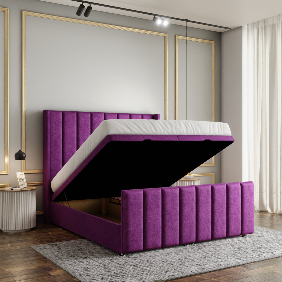 Amelia Lines Wingback Ottoman Storage Divan Bed Set With Footboard - Purple Naples