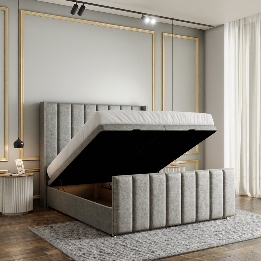 Amelia Lines Wingback Ottoman Storage Divan Bed Set With Footboard - Silver Naples