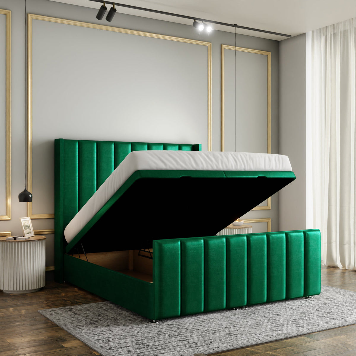 Amelia Lines Wingback Ottoman Storage Divan Bed Set With Footboard - Emerald Coniston