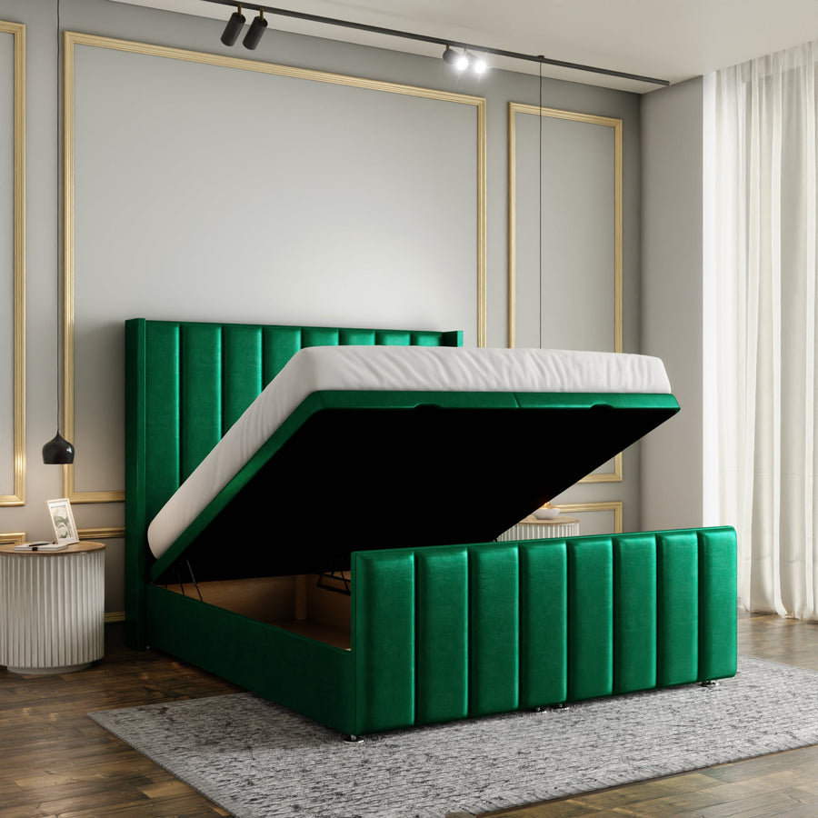 Amelia Lines Wingback Ottoman Storage Divan Bed Set With Footboard - Emerald Coniston