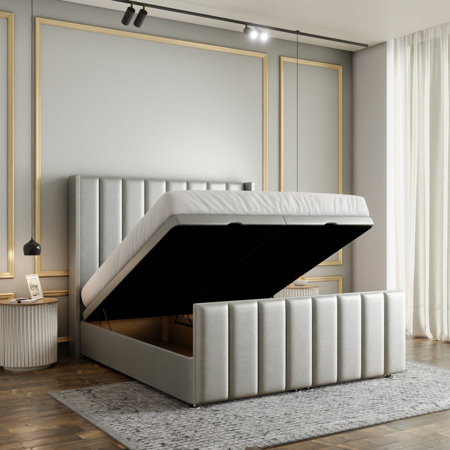 Amelia Lines Wingback Ottoman Storage Divan Bed Set With Footboard - Silver Coniston