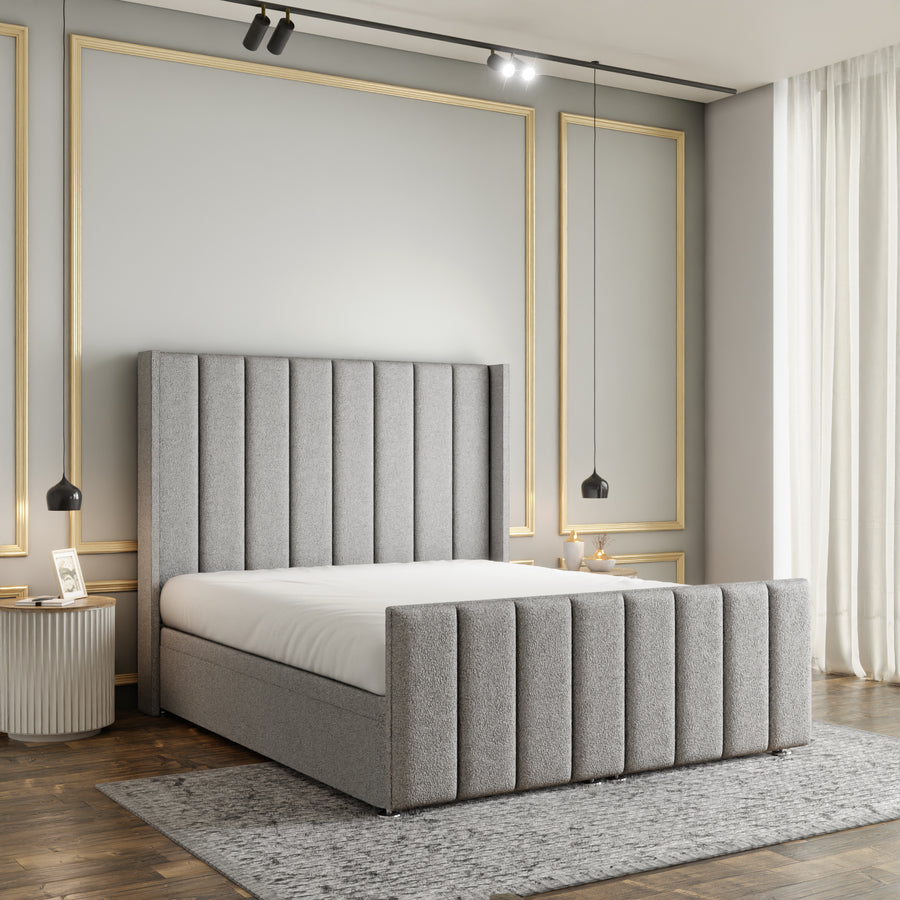 Amelia Lines Wingback Ottoman Storage Divan Bed Set With Footboard - Silver Teddy